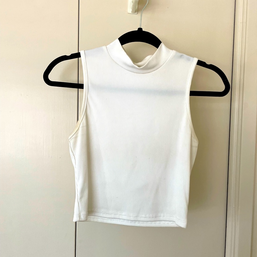 White Ribbed Mock Neck Crop Tank Top Size S Sleeveless Stretch Minimalist